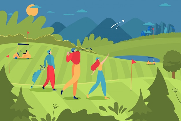 Группа игроков в гольф люди характер мужской женский, играя в гольф роскошный спорт мультфильм иллюстрации. большой удар ударной тренировки экологического ландшафта.