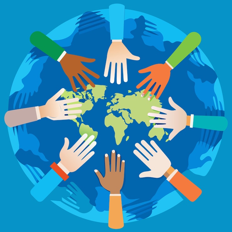 Vector a group of hands around a world that says quot all of them quot
