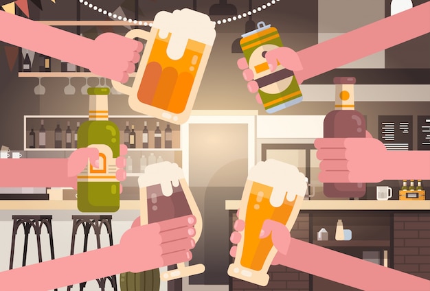 Group of hands clinking beer people in pub or bar restaurant cheering party celebration festival concept