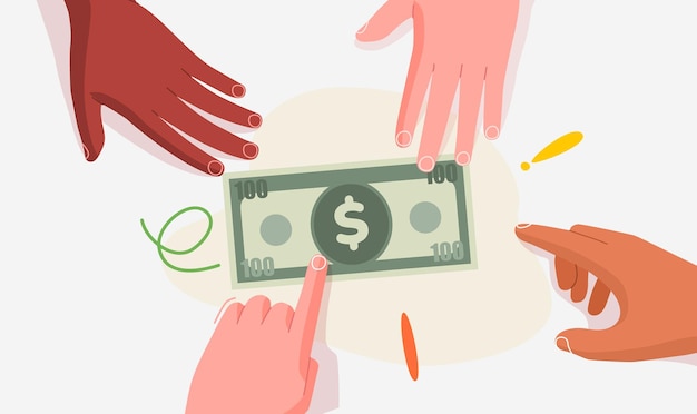 A group of hands reach for money Modern flat style Isolated on white background