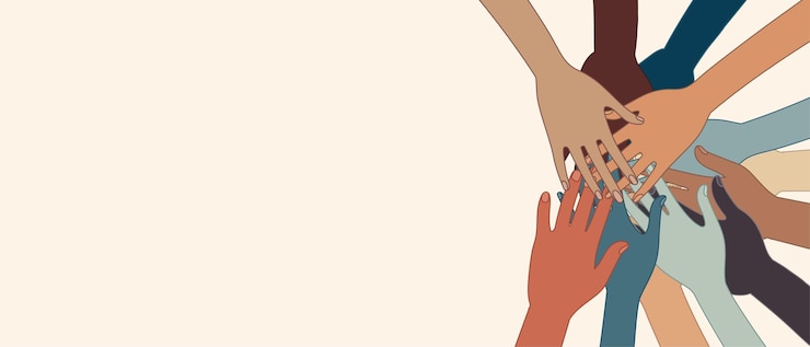 Vector group hands on top of each other of diverse multiethnic and multicultural peoplediversity people
