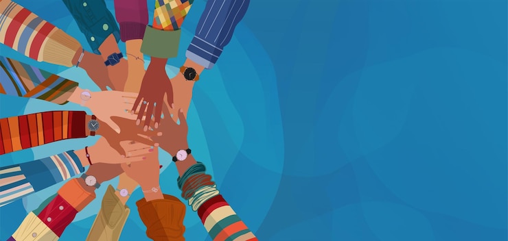 Vector group hands on top of each other of multicultural people community teamwork cooperation or etnicity concept diverse cultureequality diversity inclusion agreement between colleagues