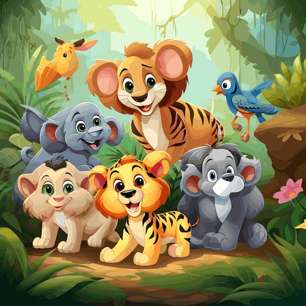 Group of happy animals cartoon in the jungle illustration