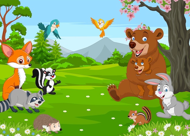 Vector group of happy animals cartoon in the jungle