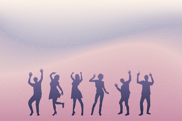 A group of happy dancing men and women with colorful gradient background New year party concept Vector illustration