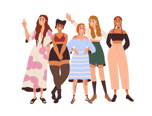 Vector group of happy diverse women. different girls community, team portrait. beauty diversity, sisterhood, inclusion concept. modern feminists. flat vector illustration isolated on white background