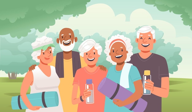 Vector group of happy elderly people seniors do yoga or fitness outdoors vector illustration in flat style