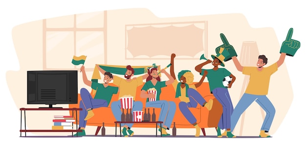 Vector group of happy fans cheering for their team victory and success male and female characters with funny attribution