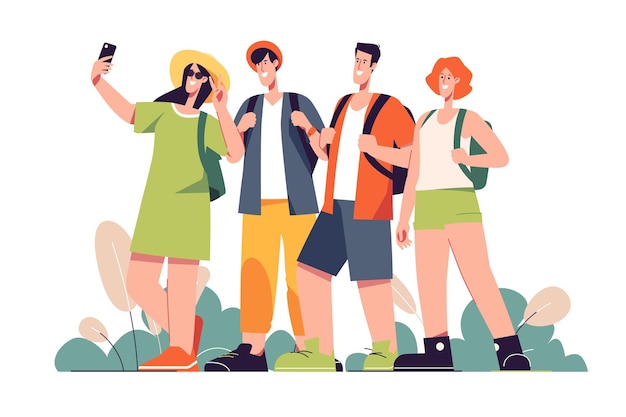 A group of happy friends tourists travelers vector illiustration