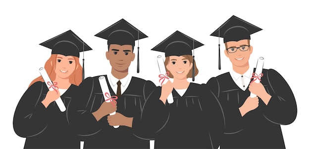 group of happy graduates wearing an academic gown or robe and a graduation cap and holding a diploma