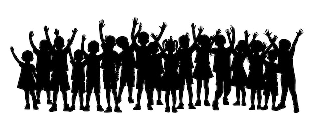 Группа счастливых детей, танцующих детей, поднимающих силуэт руки