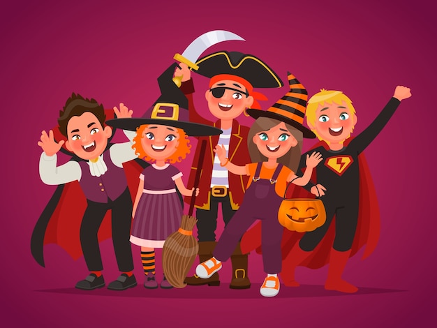 Vettore gruppo di bambini felici vestiti per costumi di halloween. dolcetto o scherzetto. elemento per poster design. illustrazione vettoriale in stile cartone animato