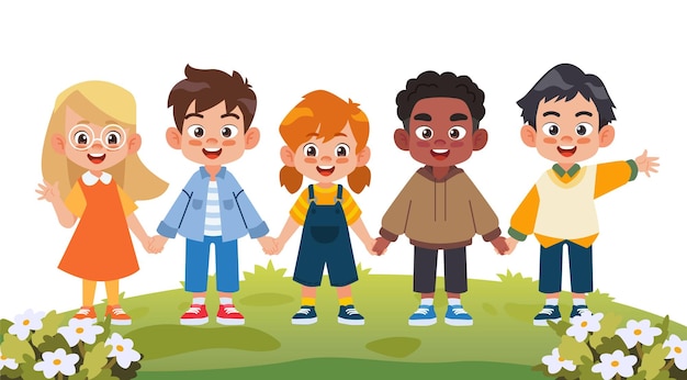 Vector group of happy kids holding hands