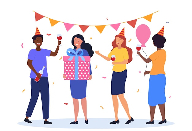 Group of happy male and female characters are rraising hands celebrating holiday with confetti