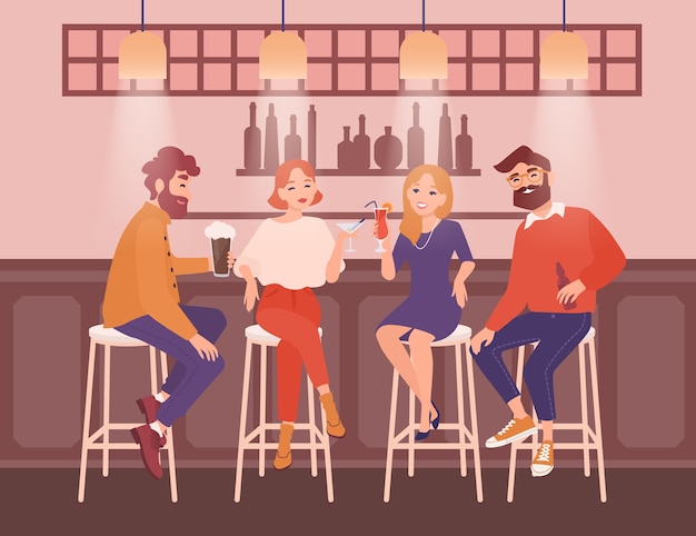 Vector group of happy men and women dressed in elegant clothing sitting at bar, talking and drinking alcoholic beverages