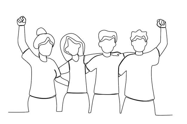 Группа счастливых людей, обнимающих друг друга Население мира рисует одной линией