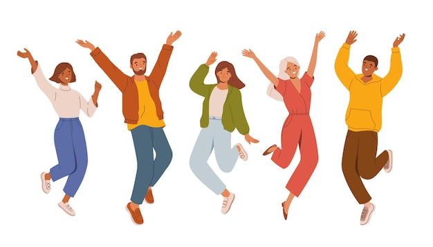 Vector group of happy people jumping men and women in casual clothes celebrating and dancing vector illustration