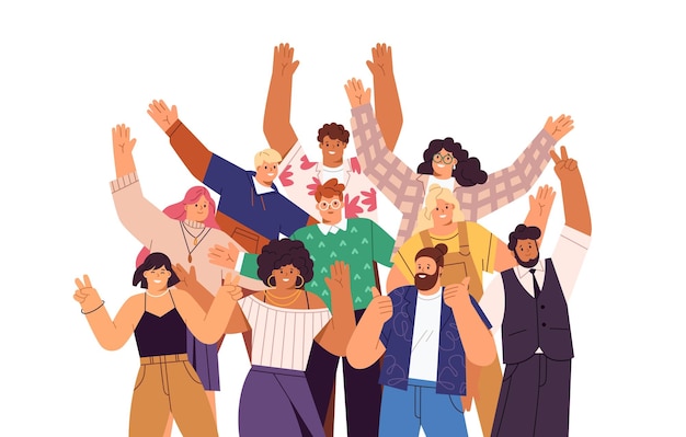 group of happy people standing together, waving and inviting new customer, colleague. concept of happy multiethnic team welcome newcomer. flat vector cartoon illustration isolated on white.