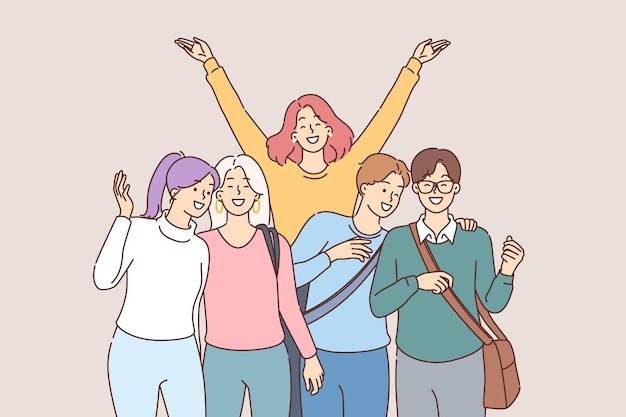 Group of happy students happily pose for group portrait after finishing lecture at university