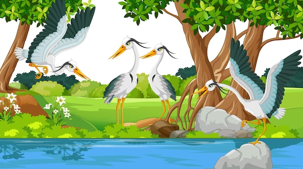 group of heron cartoon in the river