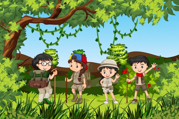 Group of hiking kids