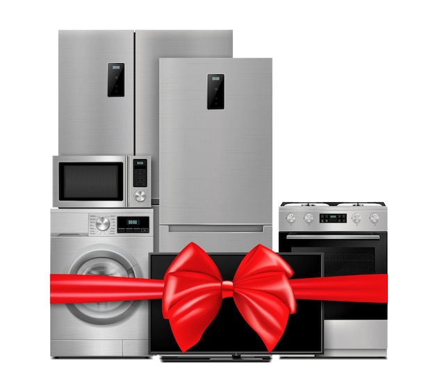 Group of household appliances with red gift ribbon and bow refrigerator microwave tv washing machine gas stove isolated on white background 3d rendering realistic vector illustration