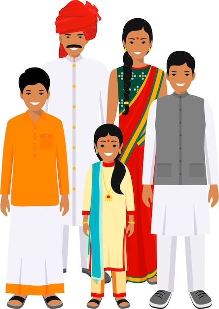 Группа индийских мужчин и женщин разных возрастов, стоящих вместе в традиционной национальной одежде