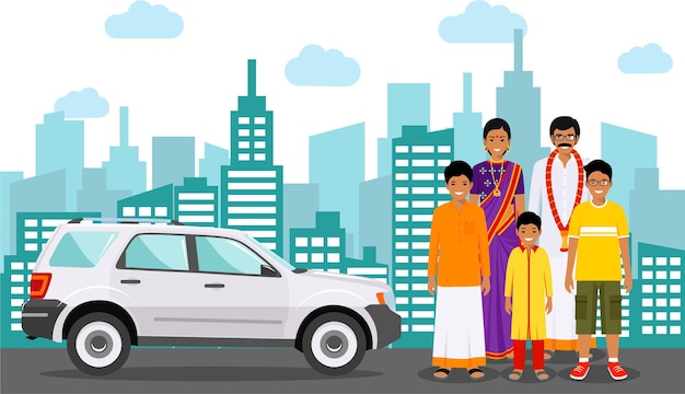 Vector group indian woman man and children in traditional national clothes standing together near the car