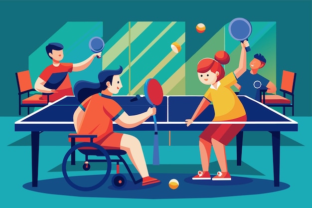 Vettore un gruppo di individui che si impegnano in una partita di ping pong su un tavolo in un ambiente competitivo paralimpico di tennis da tavolo personalizzabile illustrazione sproporzionata