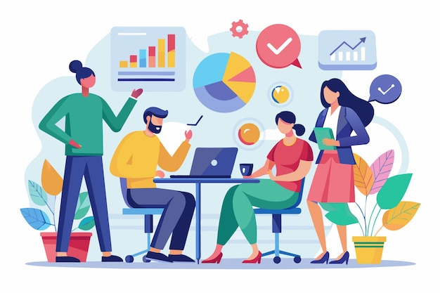 A group of individuals seated around a table actively engaged in a business meeting using a laptop people strategize in business Simple and minimalist flat Vector Illustration