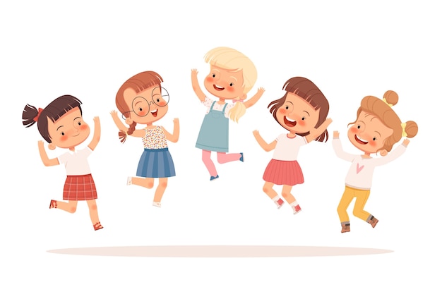 A group of joyful girls jumping and having fun. Isolated on a white background.