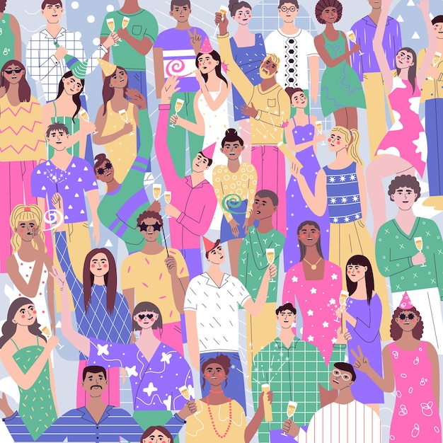 Group of joyful happy young people enjoying at party event grand opening ceremoni concept festive friends celebrating holiday men and women rejoicing together flat vector illustration