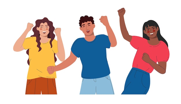 Vector a group of joyful people of different they raise their hands and rejoice vector illustration flat