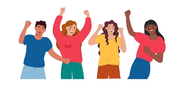 Vector a group of joyful people of different they raise their hands and rejoice vector illustration