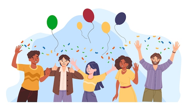 풍선을 가진 즐거운 사람들의 그룹 콘페티와 방의 장식 파티 또는 이벤트에서 여성과 남성 생일 휴가 및 축제 인사 포스트카드 디자인 만화 평면 터 일러스트