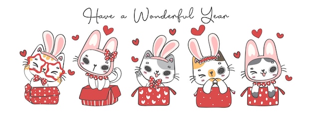 Group of kawaii kitten cats wear bunny rabbit ears in red boxes have a wonderful year cartoon character pet animal doodle hand drawing illustration