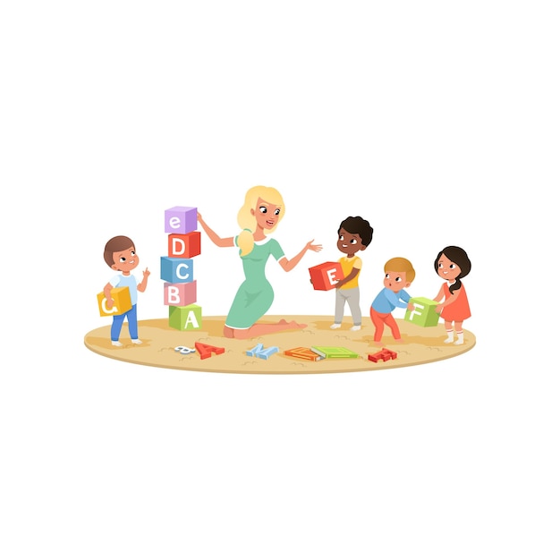 group of little kids with young female teacher collects tower of colored abc cubes on round carpet children learning alphabet through play educational game isolated flat design vector illustration