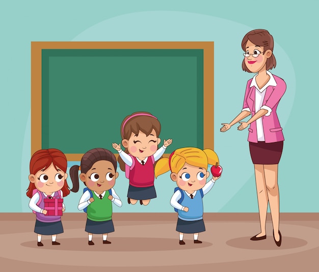 教室イラストの小さな学生の子供たちのグループ