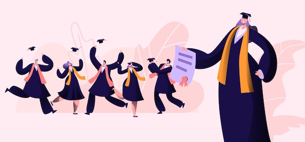 Group of male and female characters in graduation gowns and caps rejoice, cartoon flat  illustration