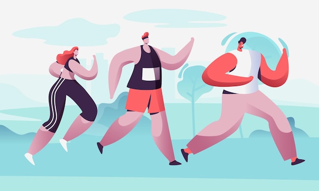 Vector group of male and female characters running marathon distance in raw. sport jogging competition. cartoon flat  illustration