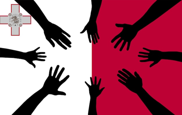 Vettore gruppo di persone di malta che raccolgono le mani unità della silhouette vettoriale o idea di supporto
