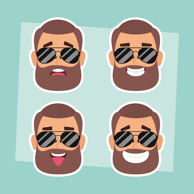 Vector group of man faces with beard and sunglasses vector illustration design