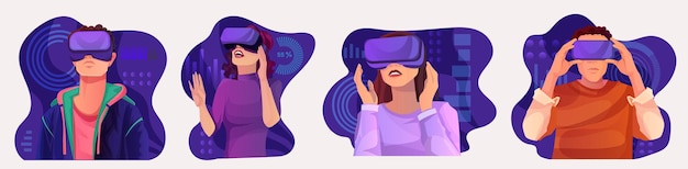Группа мужчин и женщин в повседневной одежде в очках VR наблюдают за миром виртуальной реальности, цифровым интерфейсом, голограммой, сетевой технологией, абстрактным киберпространством. Векторная иллюстрация