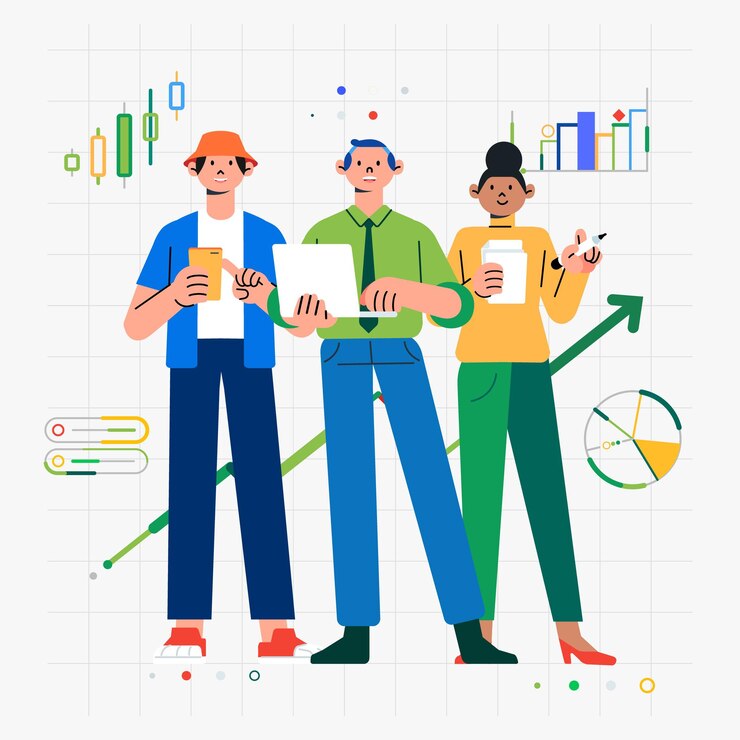 Vector group man woman employee analyzing audit data business profit growth analytical data graphic