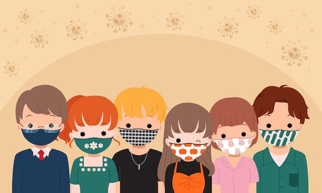 コロナウイルスの新しい通常のパターンの布マスクを身に着けている男女のグループ。マスクを着用して安全を確保してください。フラットベクターデザイン。