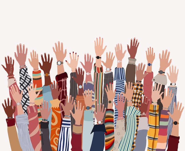 Group many raised arms and hands of diverse multiethnic and multicultural people Diversity people