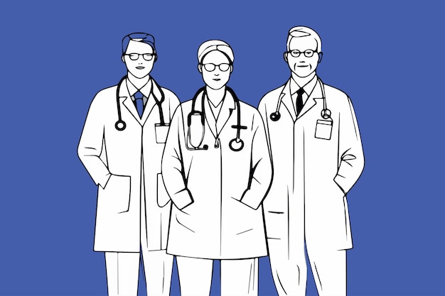 Group medial doctors team work dunne lijn vector illustratie.