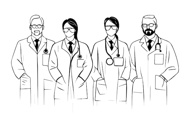 Group Medial Doctors Team Work Thin Line vector illustration.