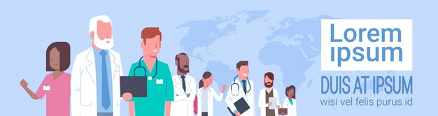 Group Of Medical Doctors Standing Over World Map Treatment Social Network Concept