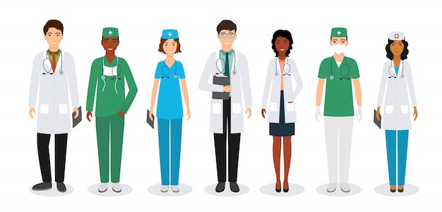 Group of medical people standing together in uniform and different poses. doctors and nurses.